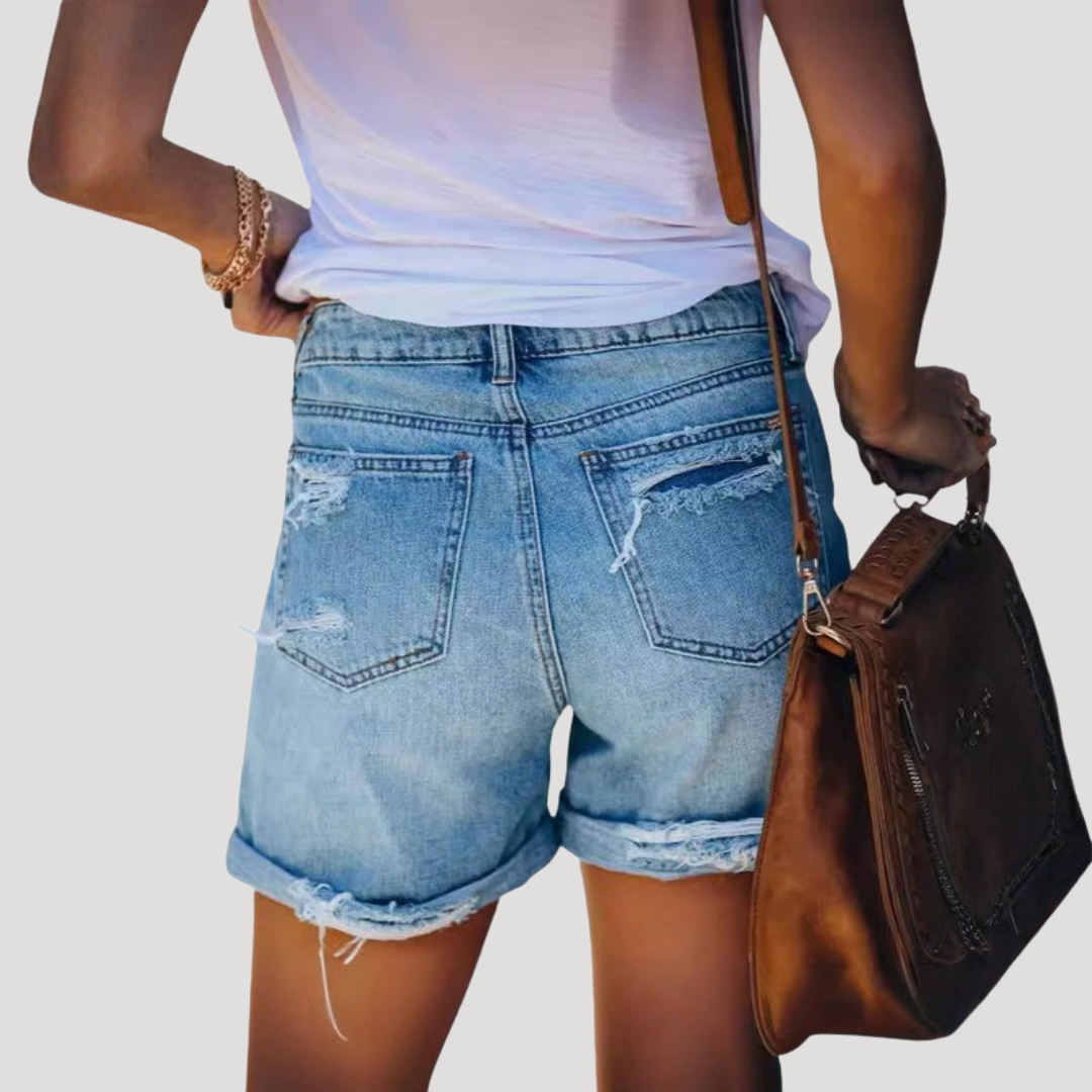 Ophelia | Short in Jeans Donna Strappato a Vita Alta