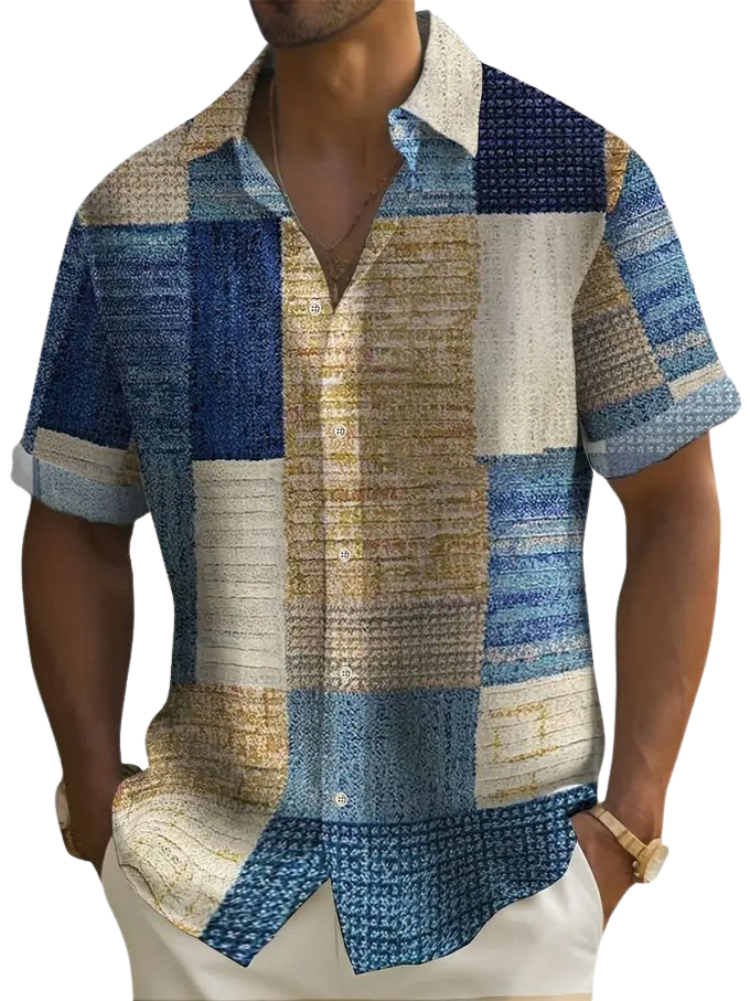 Antonio | Camicia a maniche corte con motivo patchwork a blocchi da uomo