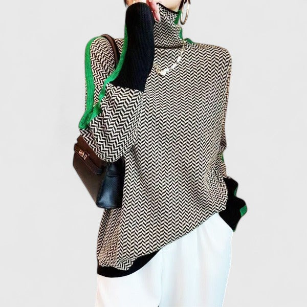 Helen | Pull Collo Alto Donna Jacquard Maniche Contrastanti