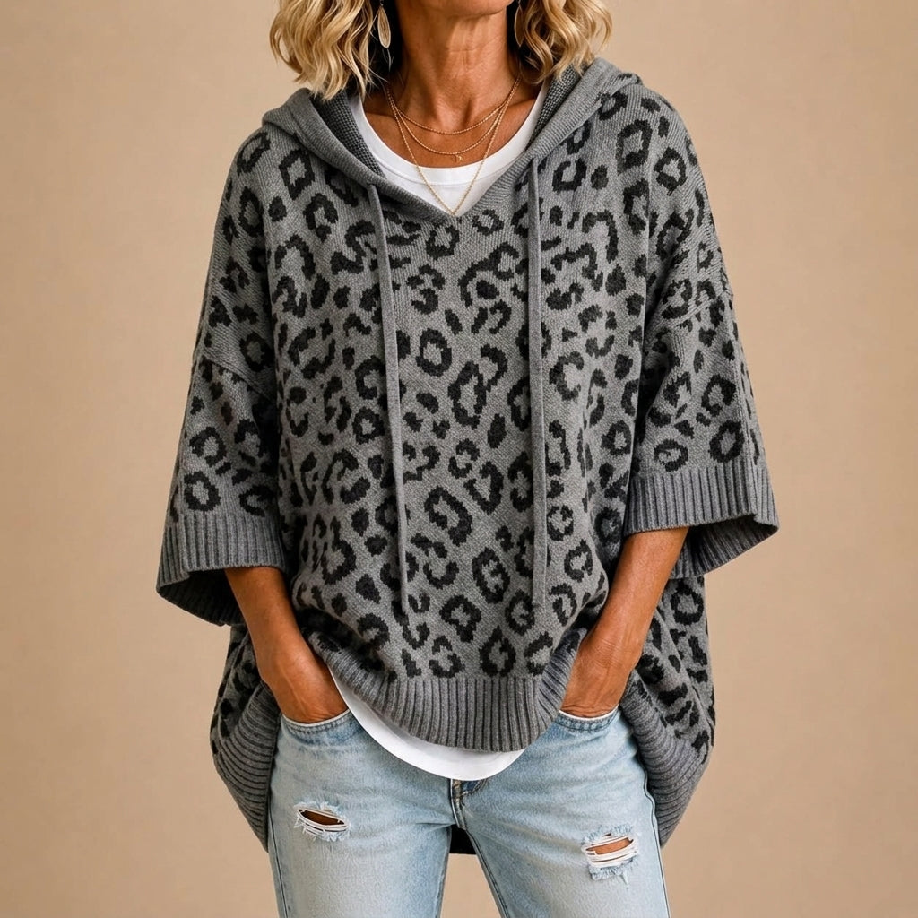 Gabriella | Poncho in maglia animalier con cappuccio per donna