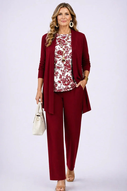 Agata | Completo 3 pezzi bordeaux con maglia floreale per donna