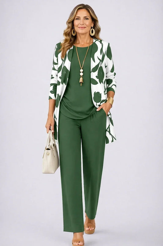 Edvige | Completo 3 pezzi cardigan a foglie e pantalone a gamba larga per donna