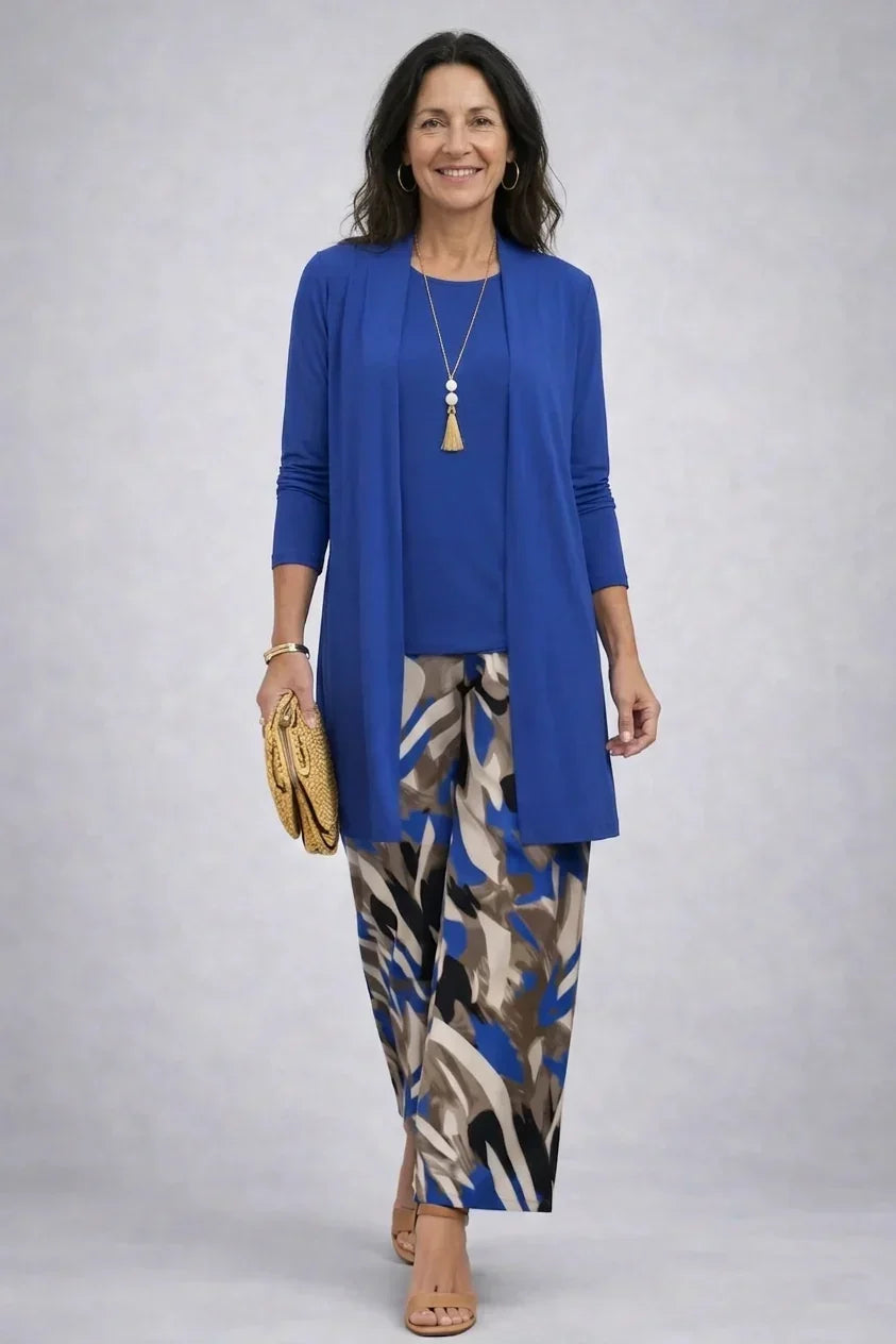 Corinna | Completo 3 pezzi cardigan e pantalone stampato per donna