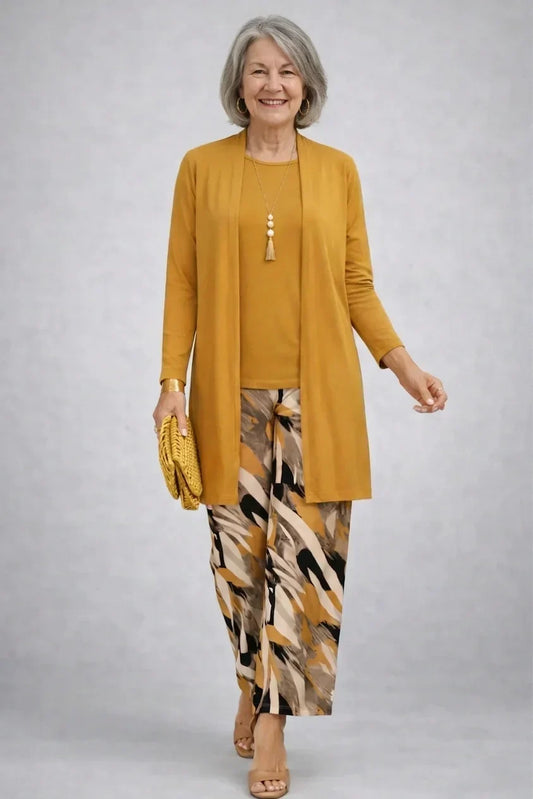 Onorina | Completo 3 pezzi senape con pantalone stampato per donna