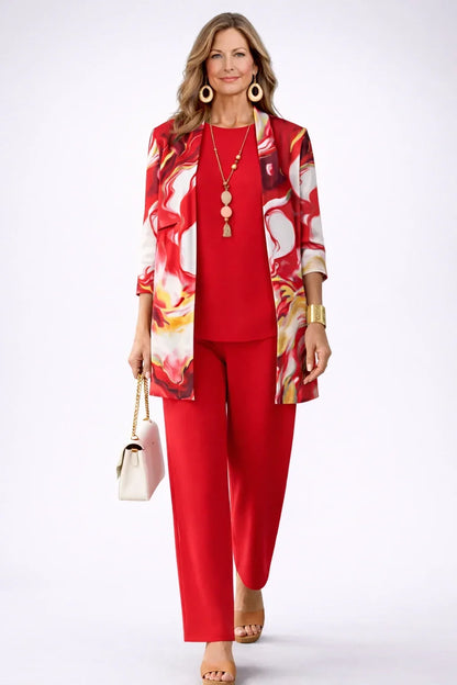Teodora | Completo 3 pezzi con cardigan stampato per donna