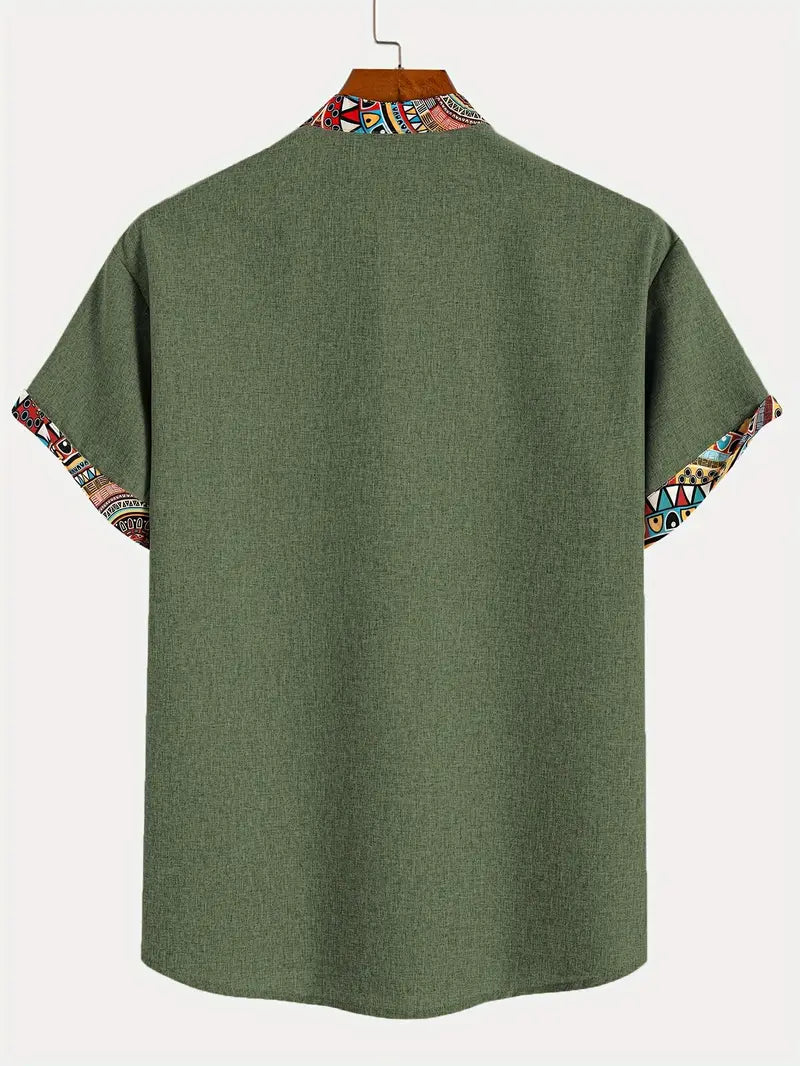 Marco | Camicia a maniche corte con collo a V e bordo etnico da uomo