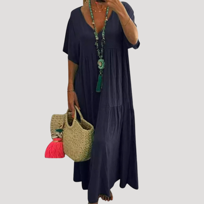 Nieves | Robe Longue Bohème Femme Col V À Volants Pour L’Été
