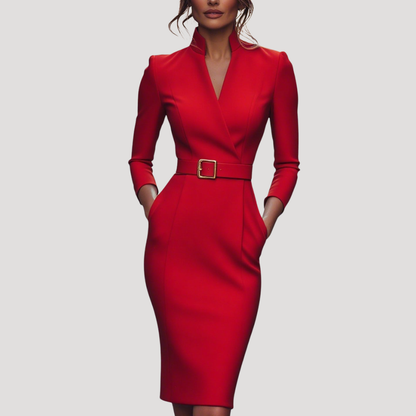 Colette | Abito Midi Donna da Ufficio Collo a V Adattato