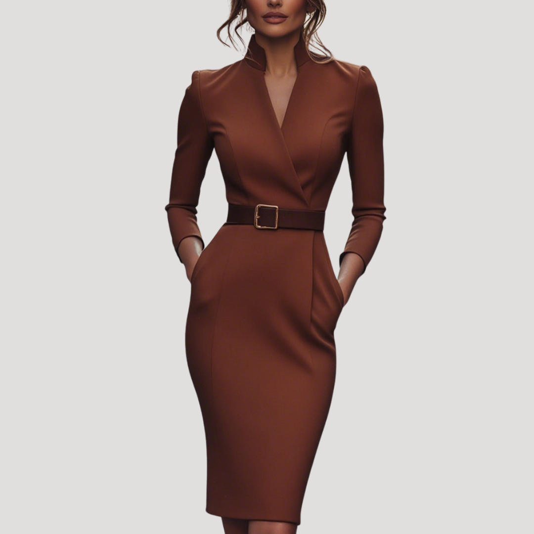 Colette | Abito Midi Donna da Ufficio Collo a V Adattato