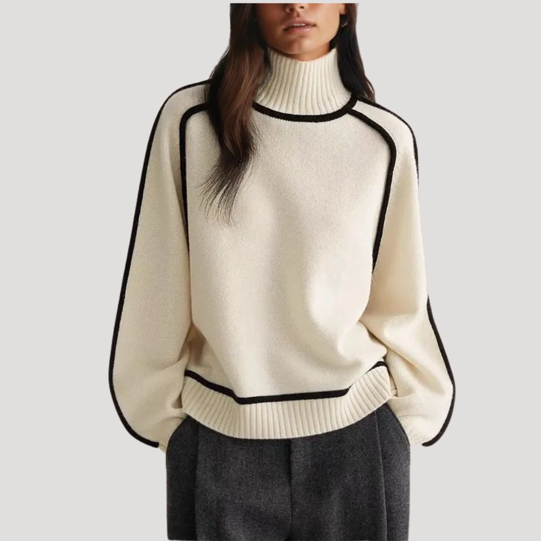 Maria | Pull Donna Collo Alto con Bordature a Contrasto