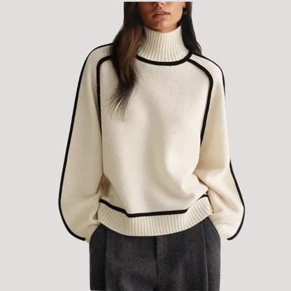 Maria | Pull Donna Collo Alto con Bordature a Contrasto