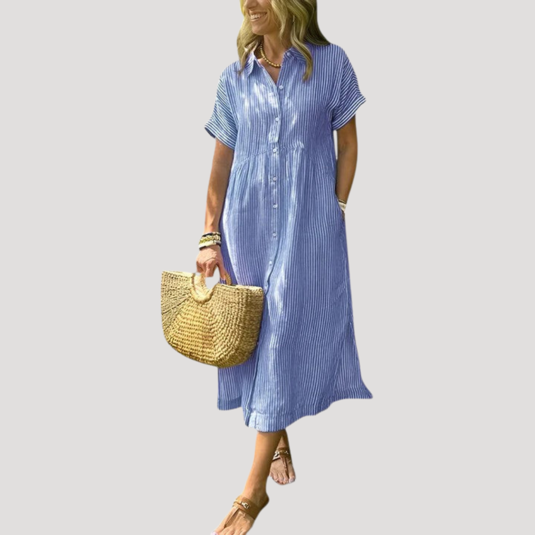 Chiara | Robe Midi Femme Bohème Rayée Col Chemise