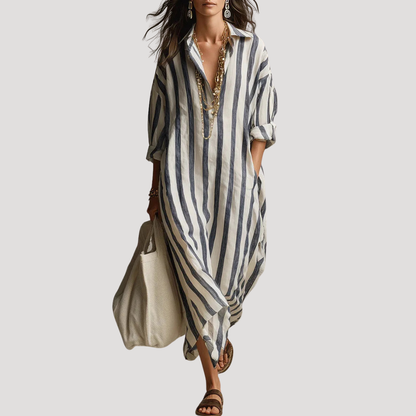 Nicolette | Robe Chemise Donna Striata in Lino Lunga