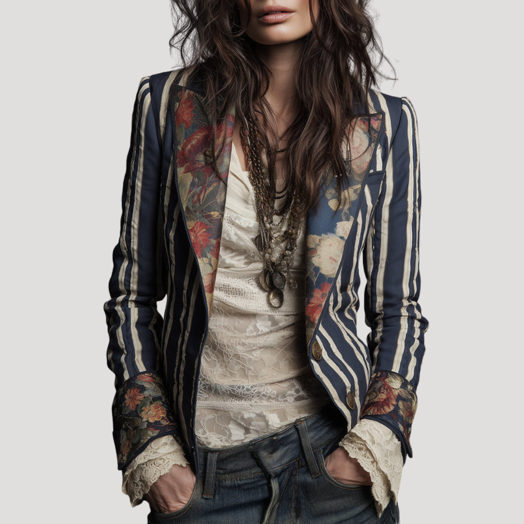 Ophelia | Blazer Donna Vintage a Righe e Fiori
