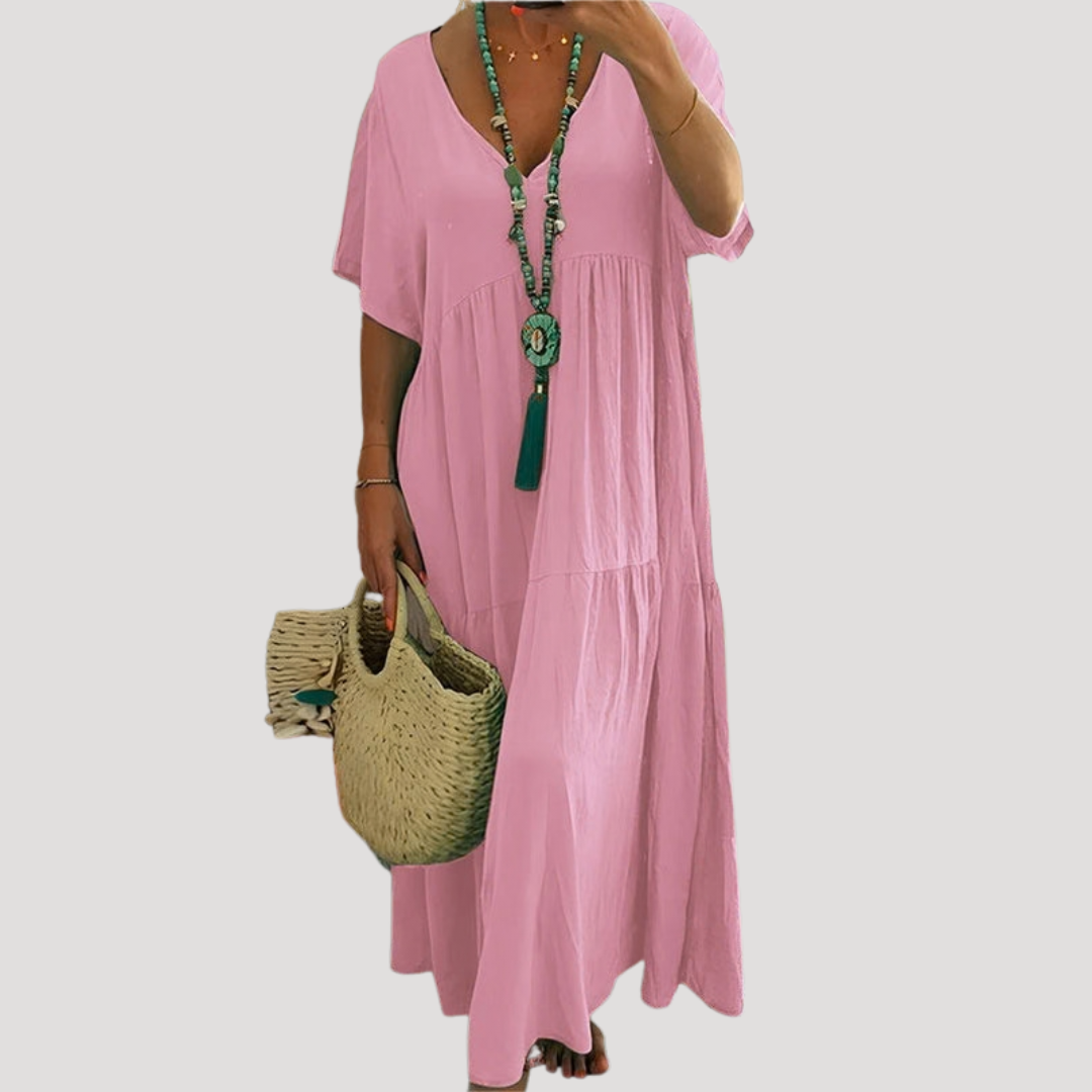 Nieves | Robe Longue Bohème Femme Col V À Volants Pour L’Été