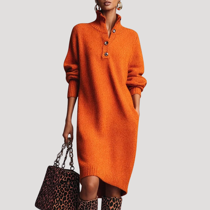Nella | Abito Midi Donna in Maglia con Collo Alto e Bottoni