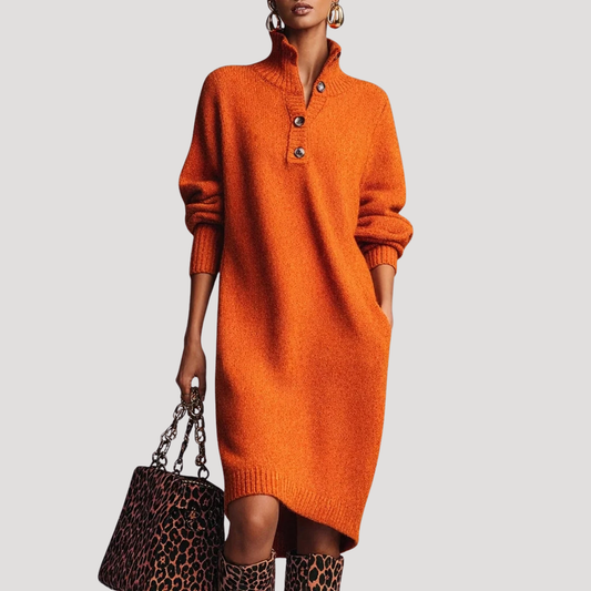 Nella | Abito Midi Donna in Maglia con Collo Alto e Bottoni