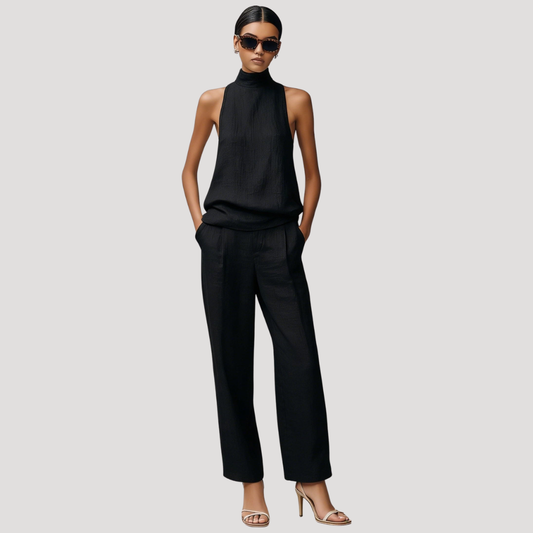 Ivana | Completo Donna con Top Senza Maniche Collo Alto e Pantaloni Dritti