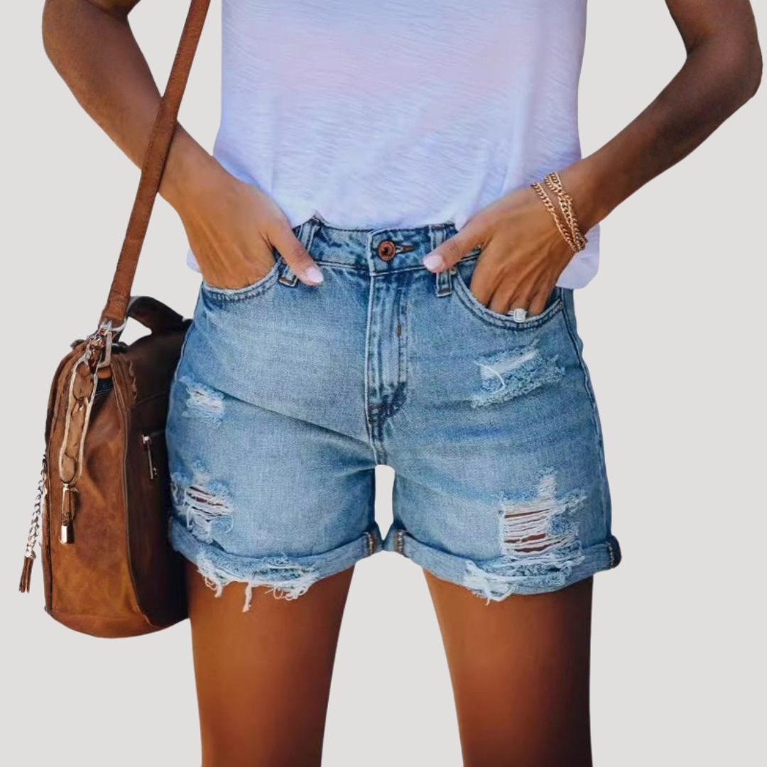 Ophelia | Short in Jeans Donna Strappato a Vita Alta