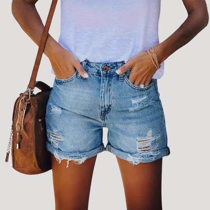 Ophelia | Short in Jeans Donna Strappato a Vita Alta
