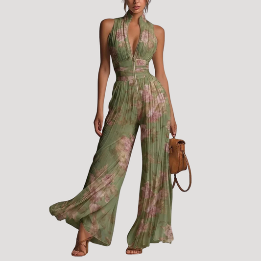Julia | Combinazione Pantaloni Donna Plissettata Schiena Nuda Floreale