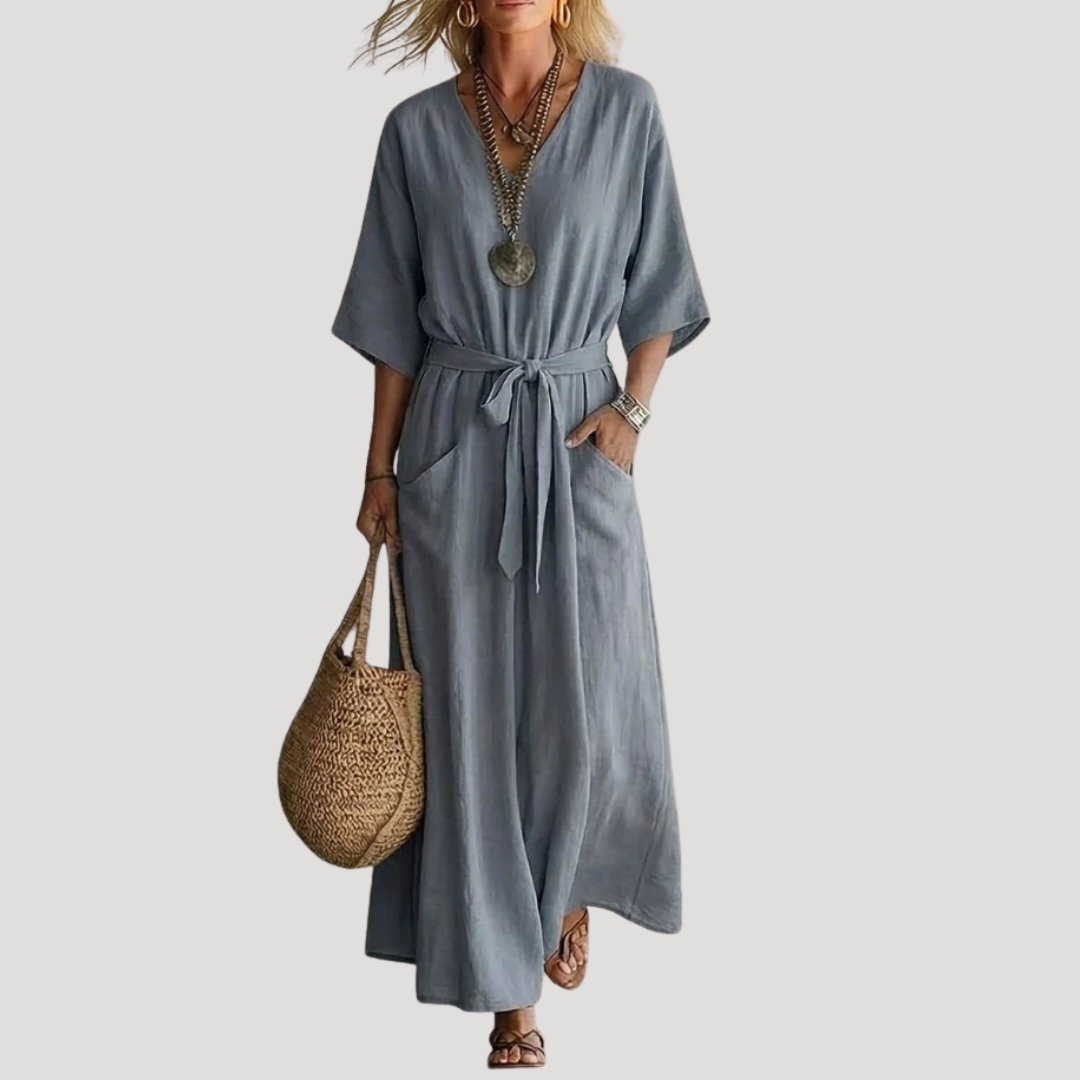 Huguette | Robe Midi Col V Ceinturée Bohème