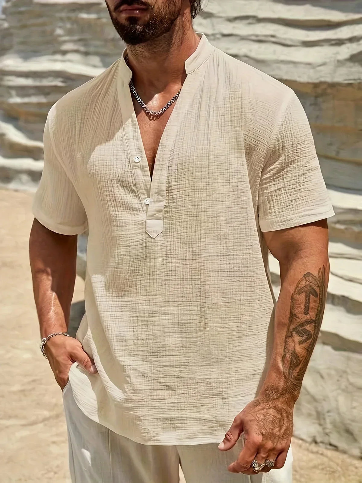 Roberto | Camicia a manica corta con colletto alla coreana e mezza patta da uomo
