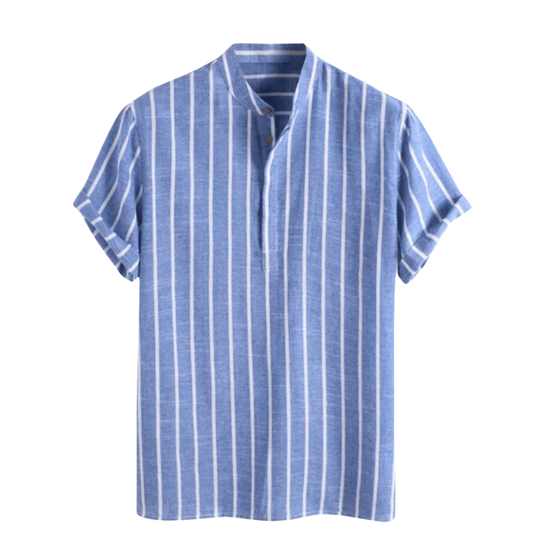 Mirko | Camicia a righe con collo alla coreana e maniche corte da uomo