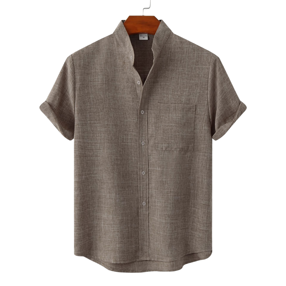 Flavio | Camicia a maniche corte con collo alla coreana e taschino da uomo