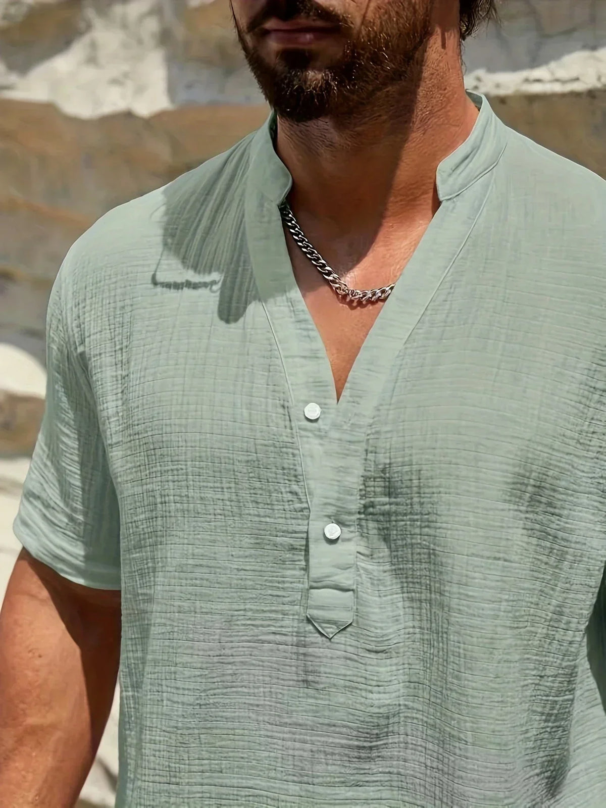 Roberto | Camicia a manica corta con colletto alla coreana e mezza patta da uomo