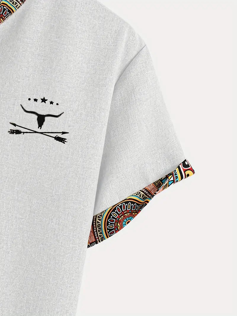 Marco | Camicia a maniche corte con collo a V e bordo etnico da uomo