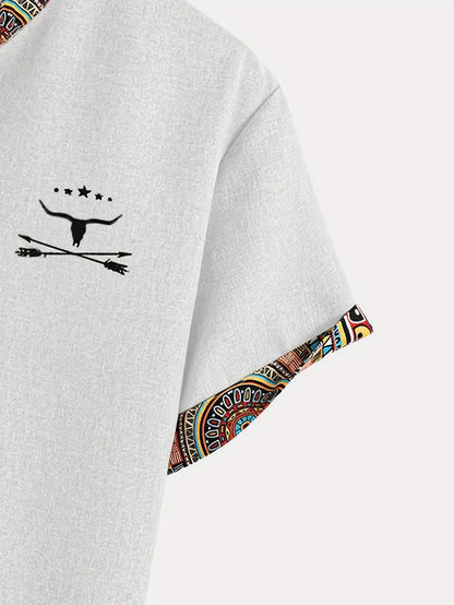 Marco | Camicia a maniche corte con collo a V e bordo etnico da uomo