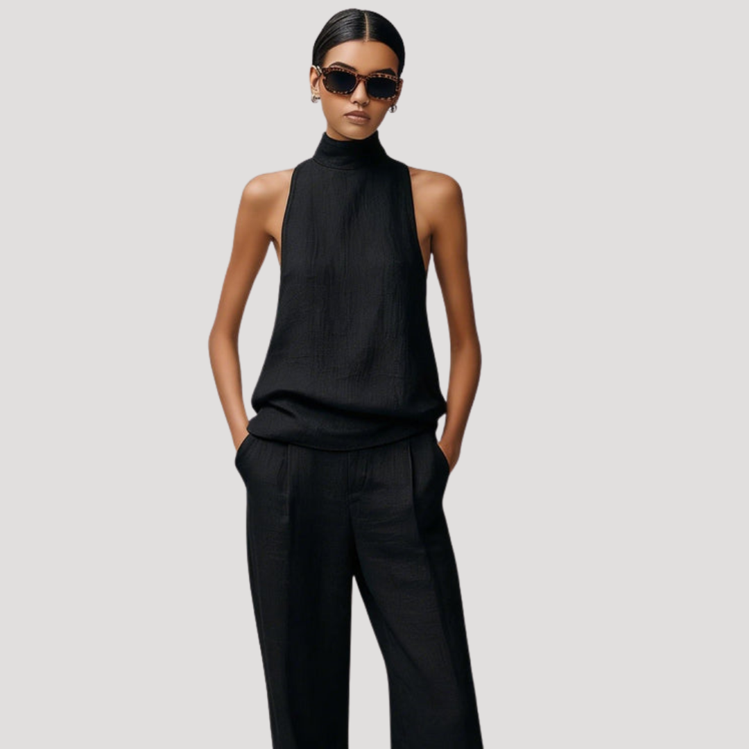 Ivana | Completo Donna con Top Senza Maniche Collo Alto e Pantaloni Dritti