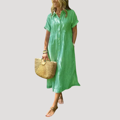 Chiara | Robe Midi Femme Bohème Rayée Col Chemise