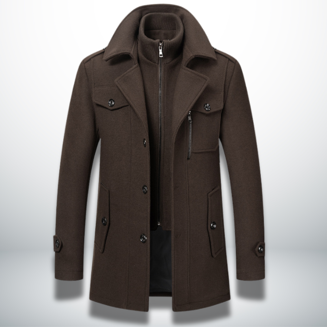 Angelo | Cappotto lungo con doppio strato e collo alto da uomo