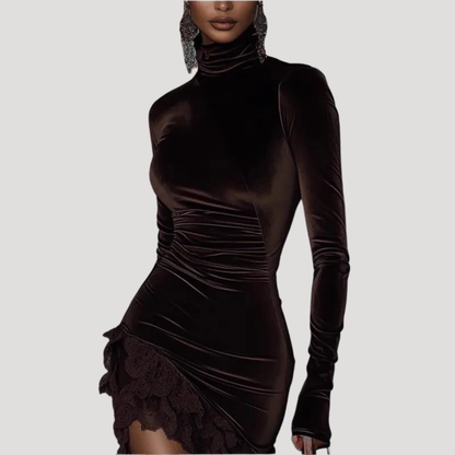 Antonella | Abito Mini Donna in Velluto Arricciato Collo Alto