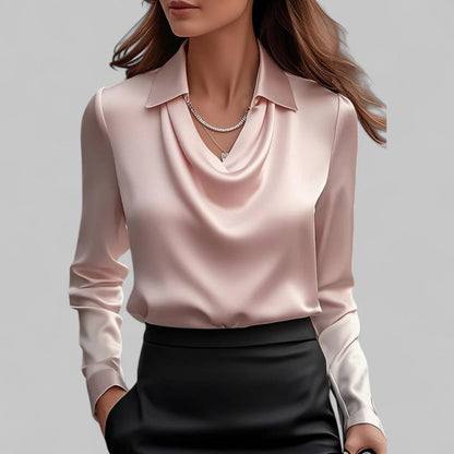 Rosa | Camicetta in raso con collo drappeggiato e maniche lunghe da donna