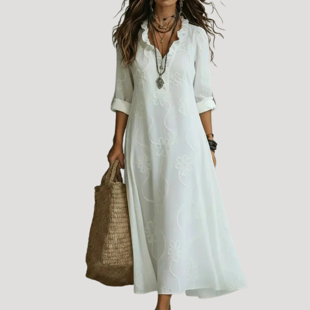 Huguette | Abito Lungo Donna Collo A V Maniche Lunghe Casual
