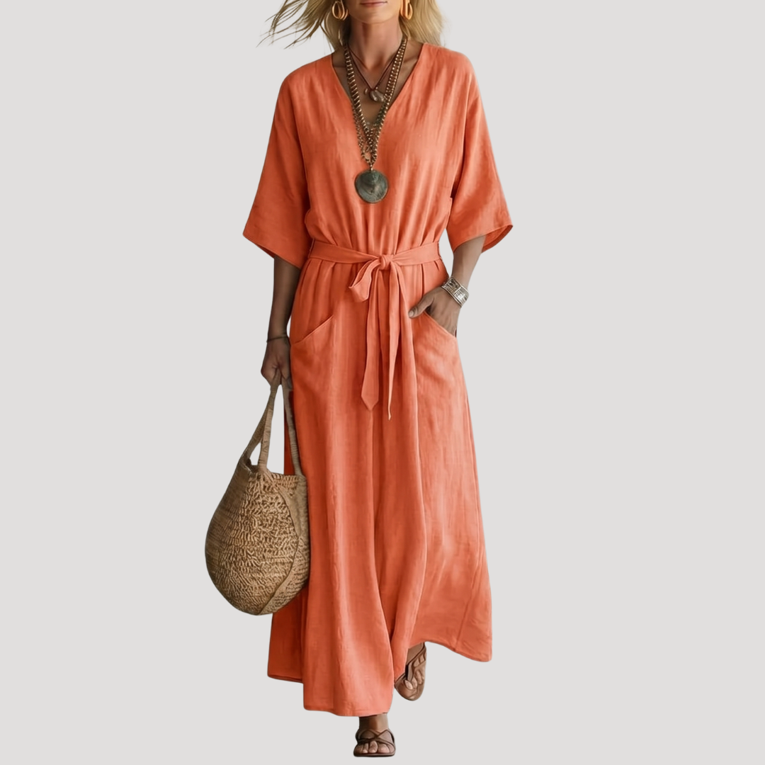 Huguette | Robe Midi Col V Ceinturée Bohème