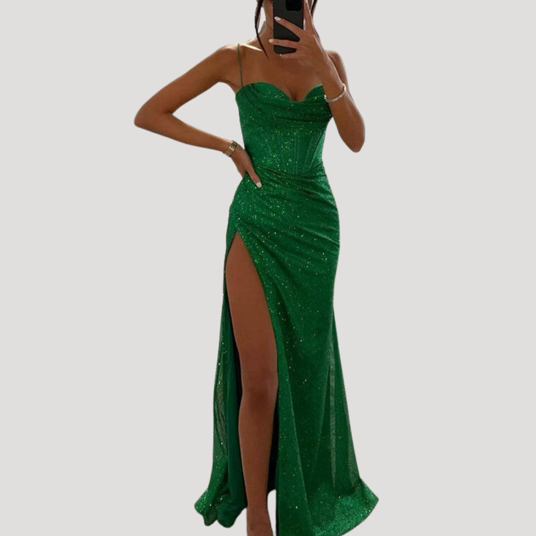 Fernanda | Elegante abito lungo da sera con spacco e spalline sottili
