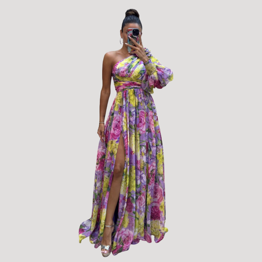 Eloise | Abito lungo floreale chic asimmetrico