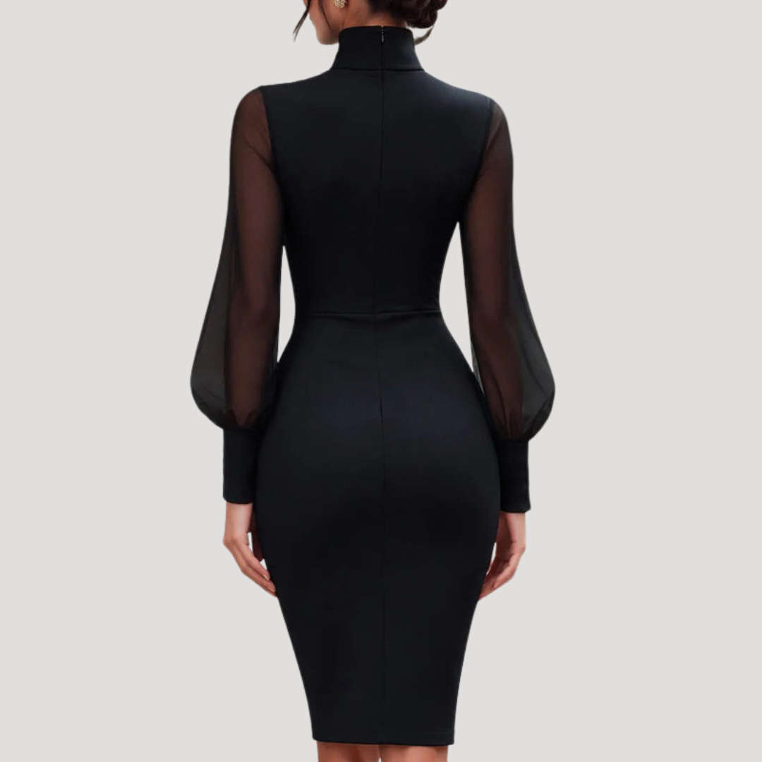 Camilla | Robe Midi Donna Drappeggiata Collo Alto con Maniche a Palloncino in Tulle