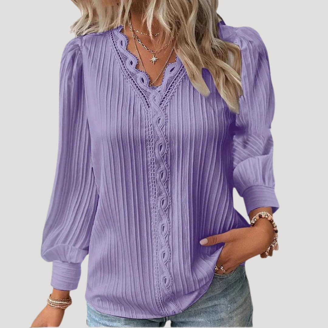 Violetta | Blusa Donna Plissettata Pizzo Collo a V Elegante