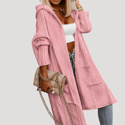 Hannah | Cardigan Lungo Donna con Cappuccio in Maglia Intrecciata