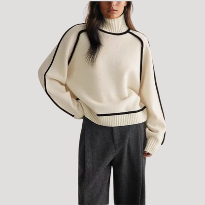 Maria | Pull Donna Collo Alto con Bordature a Contrasto