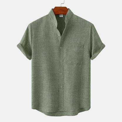 Flavio | Camicia a maniche corte con collo alla coreana e taschino da uomo