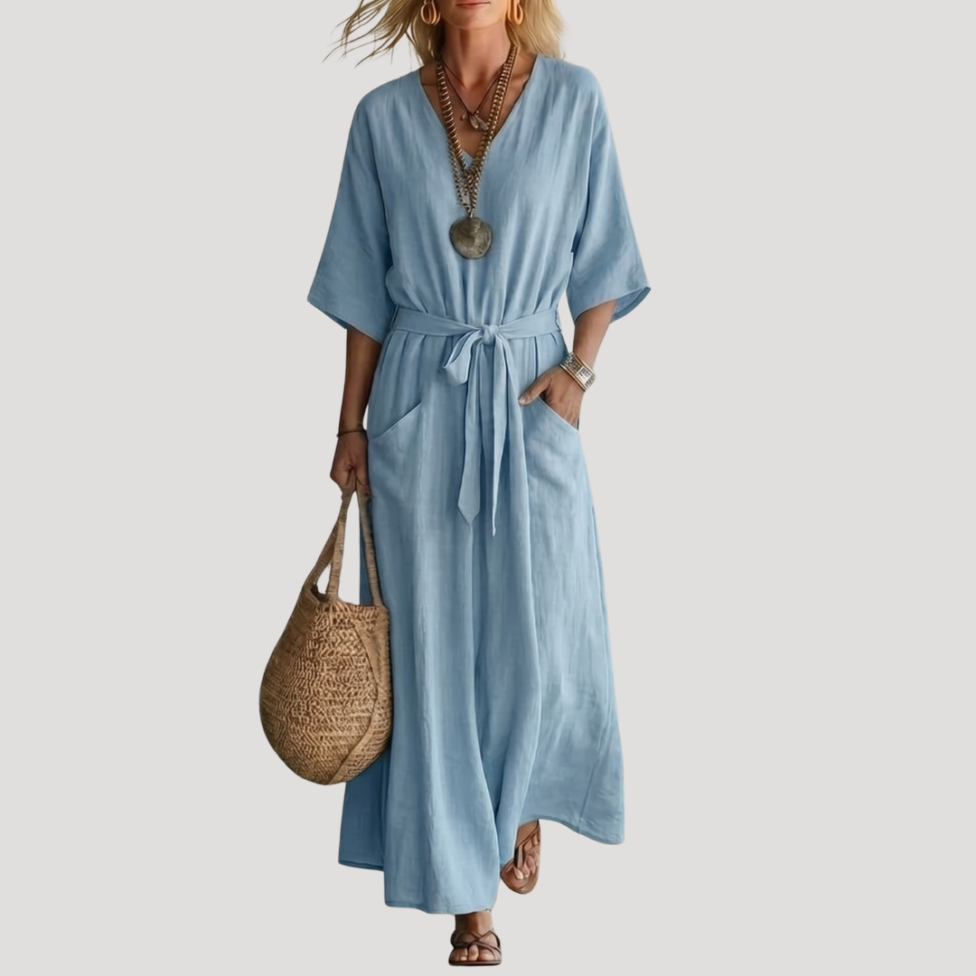 Huguette | Robe Midi Col V Ceinturée Bohème