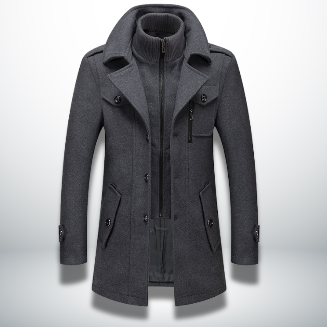 Angelo | Cappotto lungo con doppio strato e collo alto da uomo