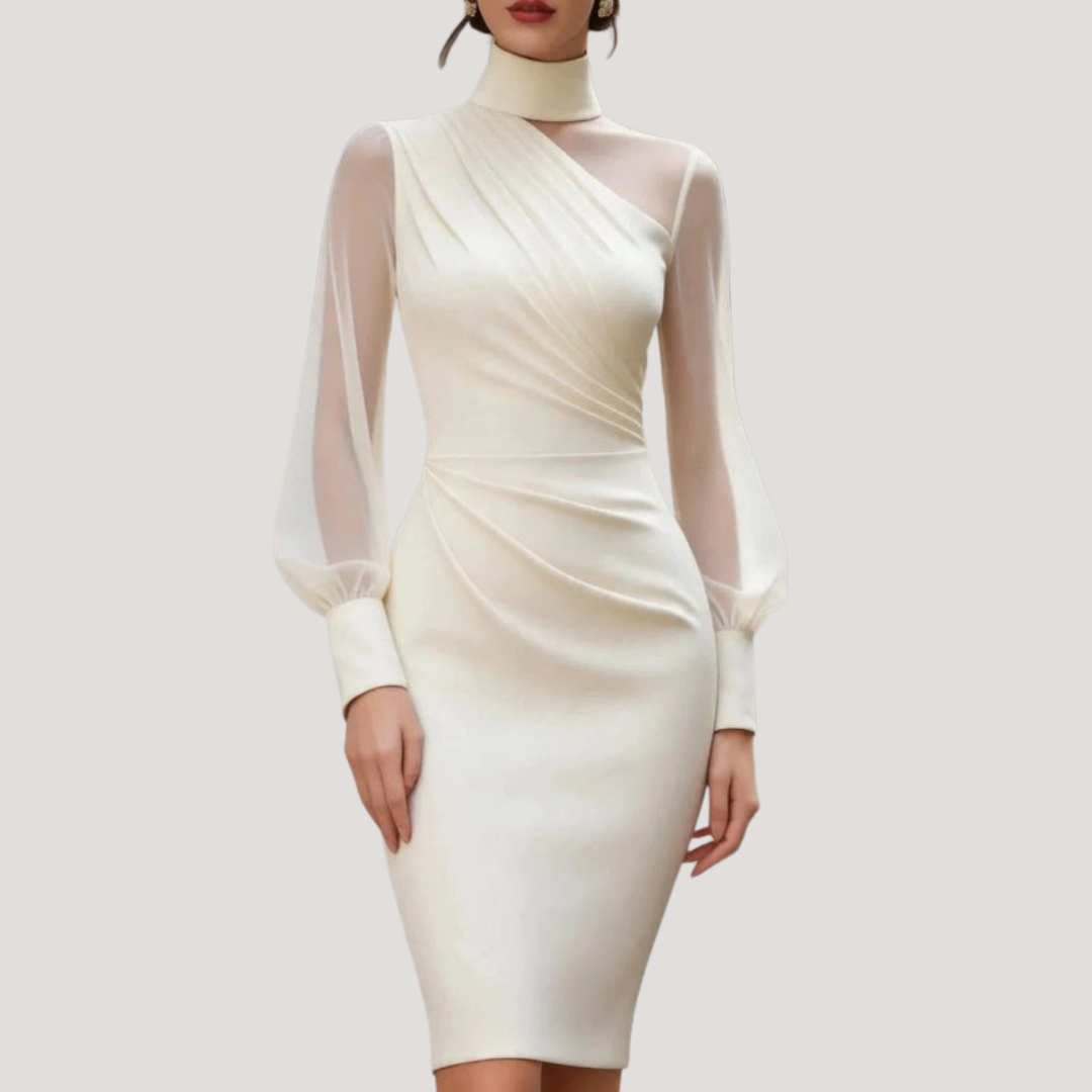 Camilla | Robe Midi Donna Drappeggiata Collo Alto con Maniche a Palloncino in Tulle