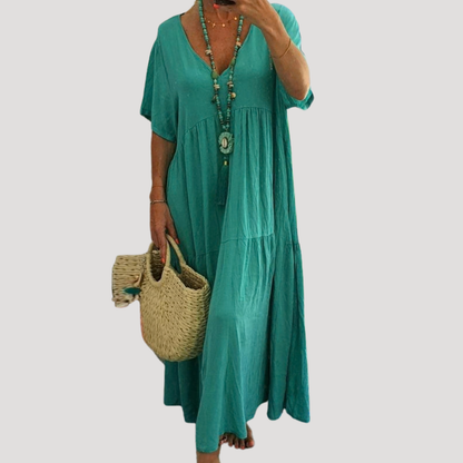 Nieves | Robe Longue Bohème Femme Col V À Volants Pour L’Été
